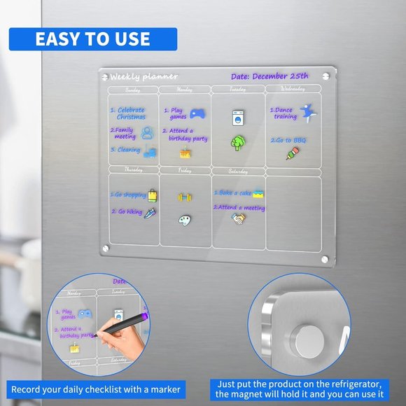 Acrylic Magnetic Weekly Calendar for Fridge, 16"x12" Inches Clear Weekly Planner - Picture 2 of 4